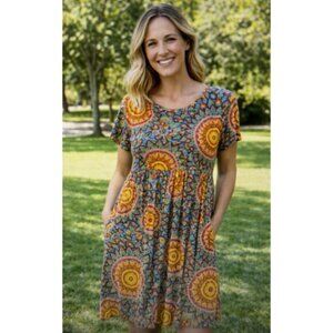 blue Medallion Shift Dress Pockets large 80's knit bohemian artsy mandala casual